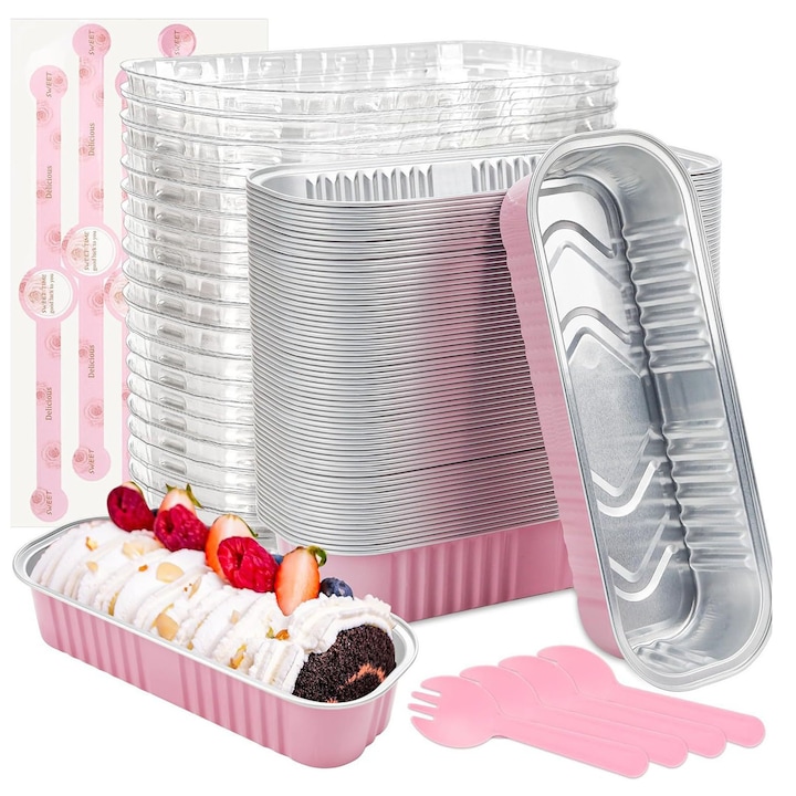 Set 50 Tavi Pentru Copt, Axroad Mall, tavi din folie de aluminiu, 200ml, reutilizabile, cu capac si furculite, pentru prajituri, briose, mancare la gratar air fryer, rezistente la temperatura, sigure pentru alimente, roz