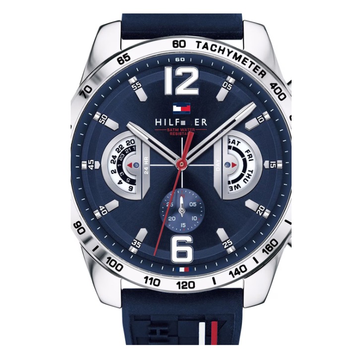 Tommy Hilfigar 1791476, Ceas cu functii multiple si curea din silicon, Ceas elegant si versatil pentru barbati Bleumarin/Argintiu