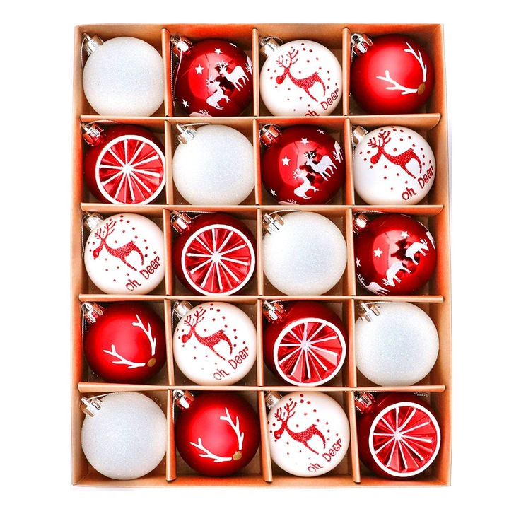 Set globuri de Craciun, 20 buc, 6cm, rosu si alb, ornament electroplacat