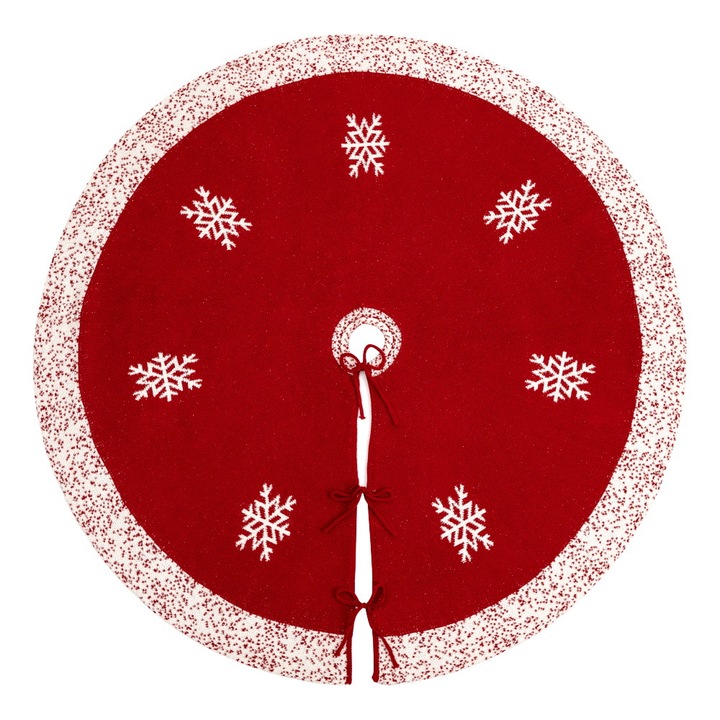 Funda de brad tricotata de Craciun 120cm cu fulgi de zapada si reni, decor pentru scena de Craciun