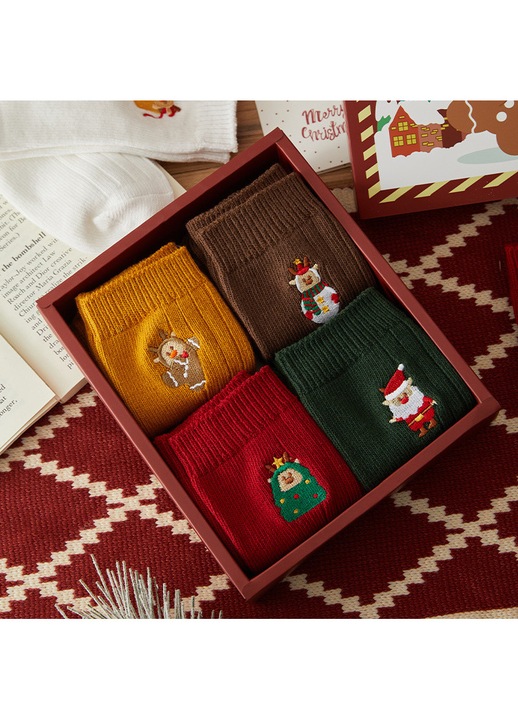 Set 4 perechi sosete dama Craciun, brodate, medii