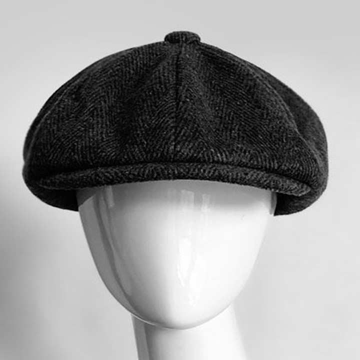 Caciula octagonala barbati, neagra, design retro, pentru toamna/iarna