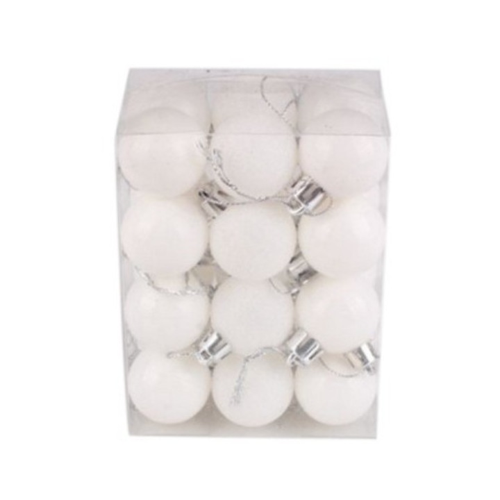 Set 24 globuri de Craciun 3cm, alb, din plastic, lucioase/mate