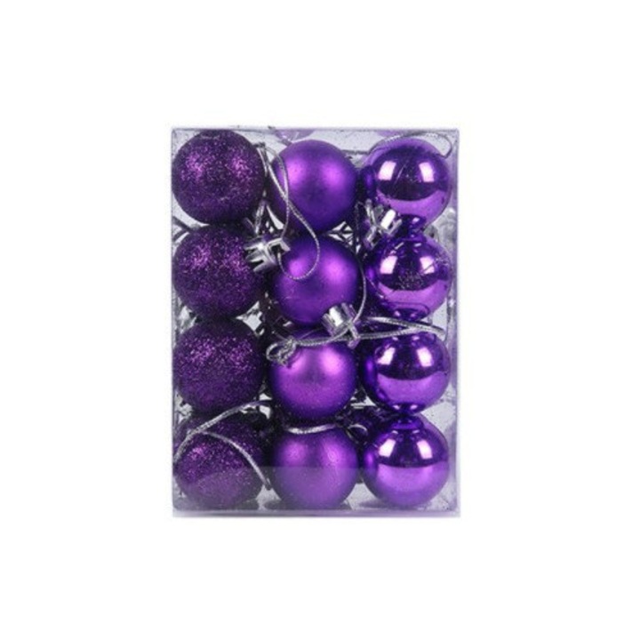 Set 24 globuri de Craciun 3cm, mov, din plastic, lucioase/mate