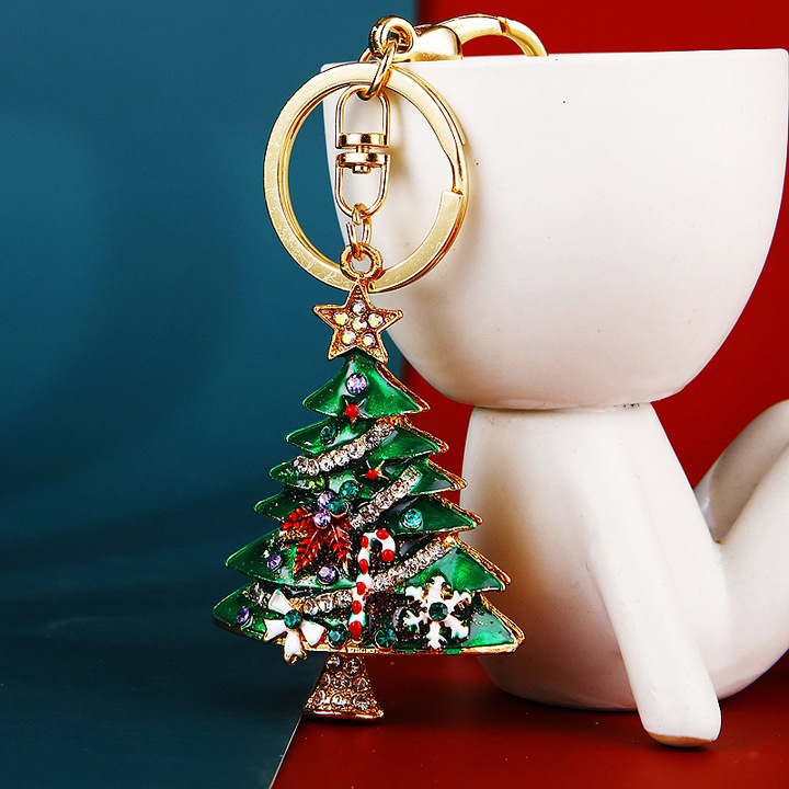 Breloc cu brad de Craciun, strasuri, metal, set pentru cuplu, cadou de sarbatori