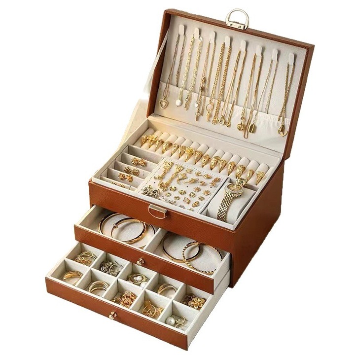 Cutie bijuterii, roz, capacitate mare, pentru cercei, coliere, bratari, inele