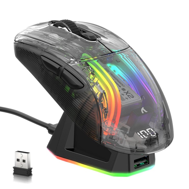 Vezeték nélküli gamer egér, RGB töltőállomással, Tri-Mode-2.4G/USB-C/BT kábellel, PC-hez, 5 állítható DPI, halk, OUYLAF, fekete