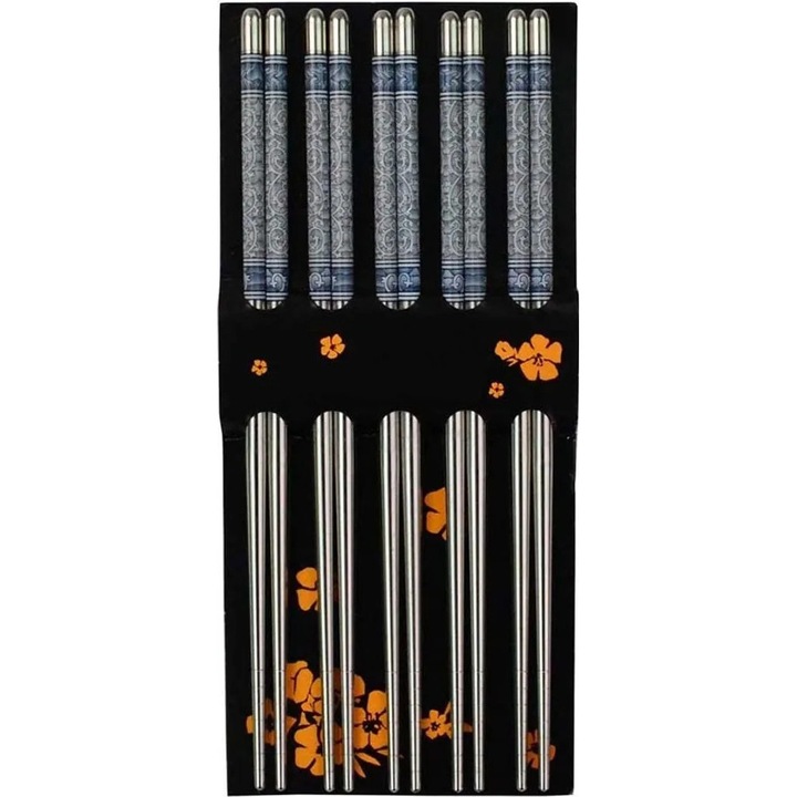 Set de betisoare din otel inoxidabil, 5 perechi, 22.5 cm, alb si albastru