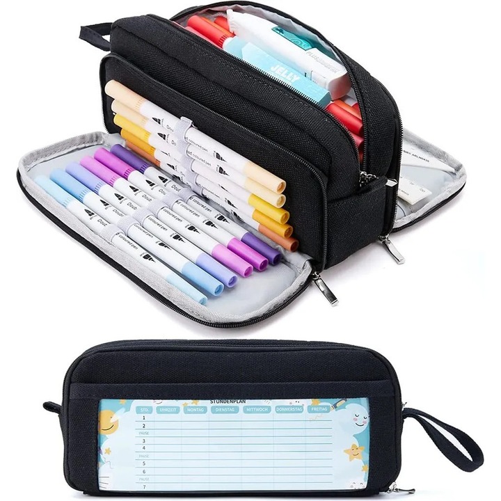 Penare, 3 compartimente, capacitate mare, negru, 21x7.5x10cm, set