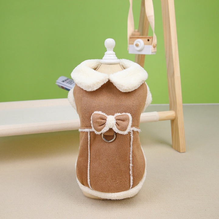 Palton pentru caini mici, design elegant, model insecte, culoare khaki, dimensiuni 32x20x23cm, guler ajustabil 19-32cm.