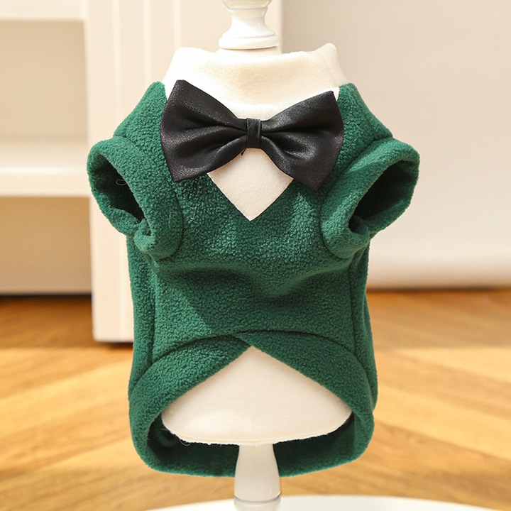 Tuxedo pentru caini, M, verde, cu cravata, din fleece, set elegant pentru petreceri si uz zilnic
