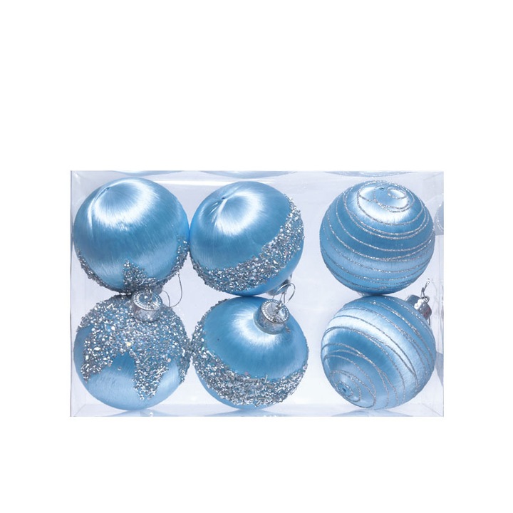 Set 6 Globuri de Craciun, Bile din Fir de Matase, Decoratiuni Festive, Albastru Deschis, 8cm