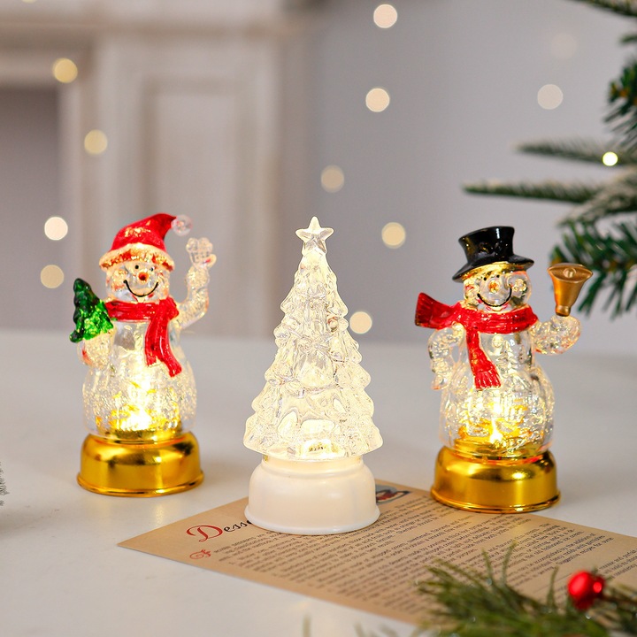 Set 3 figurine Craciun, Mos Craciun si om de zapada, lumini de noapte, decoratiuni festive