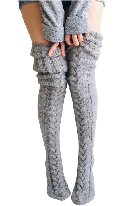 Sosete dama, ciorapi lungi tricotati, gri deschis, 105cm, set