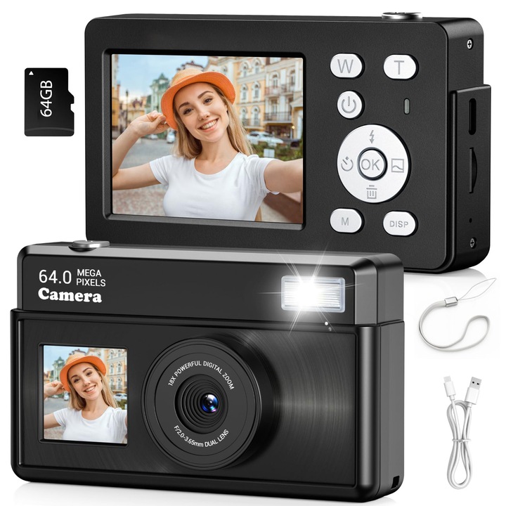 Digitális fényképezőgép, 4K, 64MP, 18x digitális zoom, hordozható, 64 GB-os memóriakártyával, Könnyen használható, utazáshoz, OUYLAF, fekete