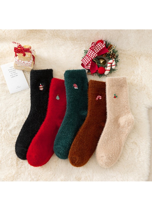 Sosete dama, 5 perechi, alb, fleece, medii, pentru Craciun