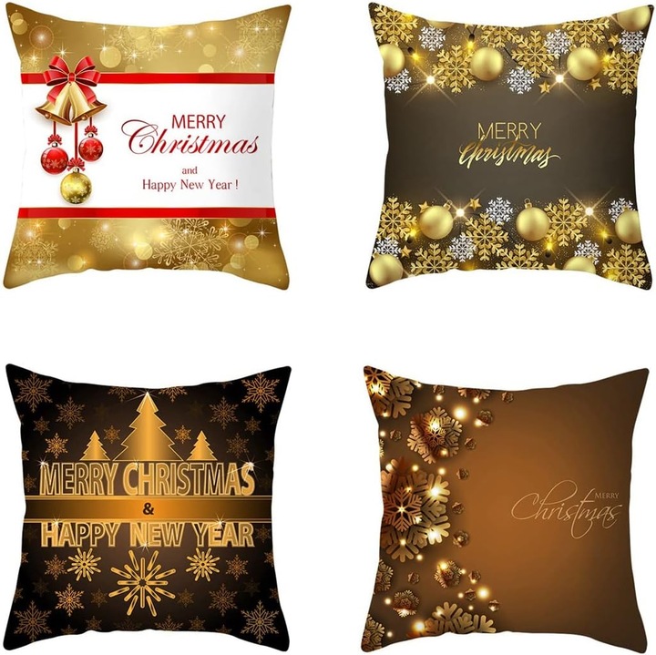 Set de fete de perna de Craciun (4 bucati, 45x45 cm), catifea piersica aurie, design festiv