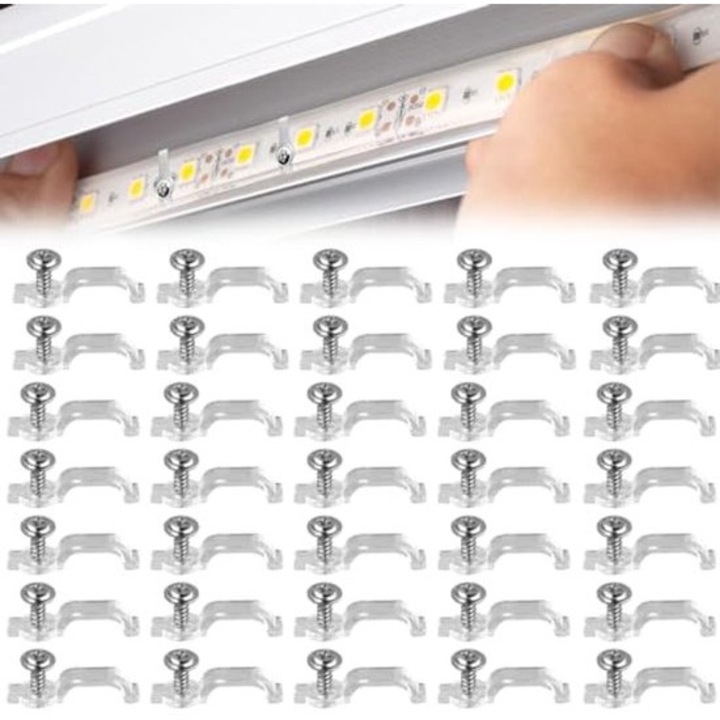 Set 50 clips de montare pentru benzi LED 10mm, impermeabile, cu suruburi incluse
