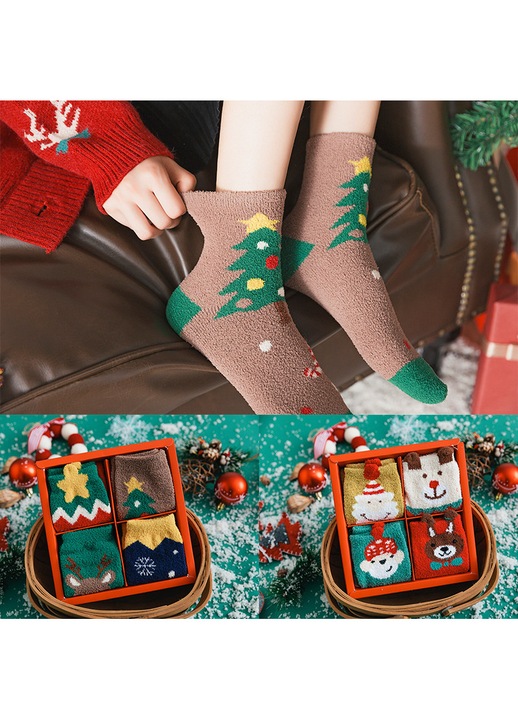 Set 8 perechi sosete de Craciun dama, sosete medii, fleece, multicolor