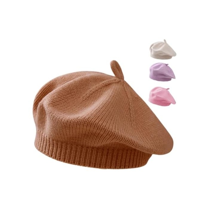 Beret pentru fetite, caciula tricotata, stil francez, 36x40cm, roz/beige/purpurie/maro