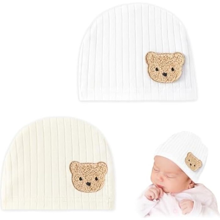 Set de caciuli tricotate pentru copii, alb si bej, din bumbac natural, pentru nou-nascuti si copii mici
