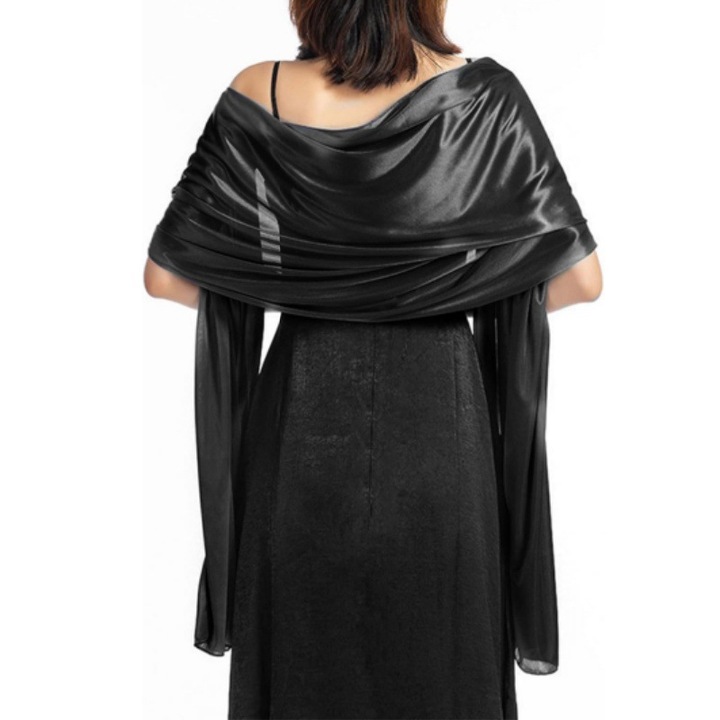 Esarfa satinata pentru femei, 65x220cm, neagra, set elegant pentru nunta si ocazii speciale