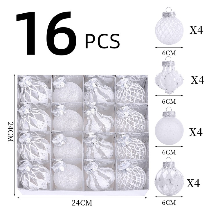 Set de 16 globuri de Craciun, 6cm, diverse culori, din plastic transparent