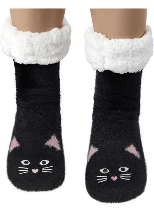Sosete dama, set 2 perechi, design pisica, non-derapante, lana, marime universala
