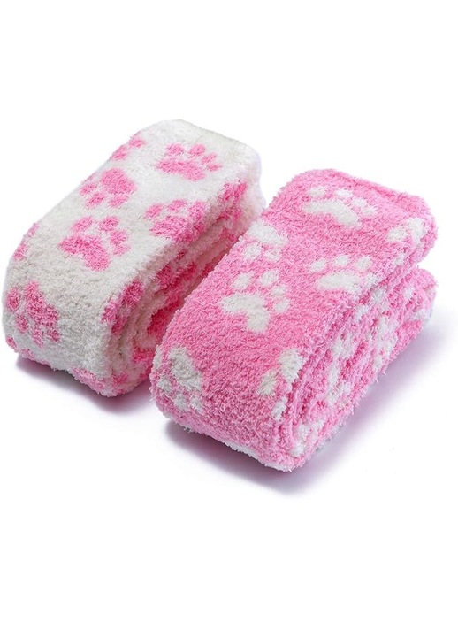 Sosete dama, set 2 perechi, design imprimeu labuta, fleece corai, 75x100cm, roz/alb + alb/roz