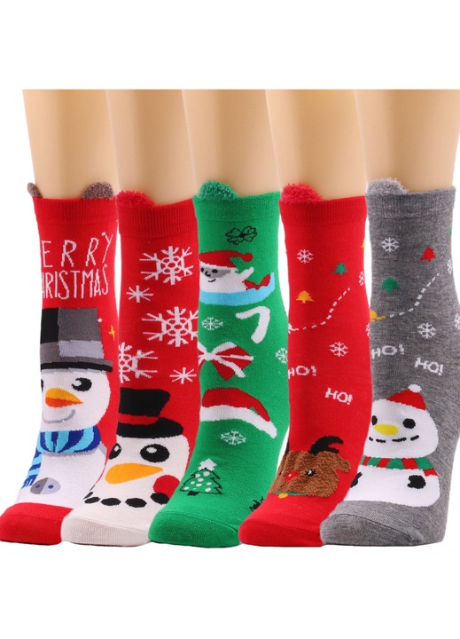 Set de 5 perechi sosete de iarna pentru femei, Mos Craciun si reni, multicolor, 27x8cm