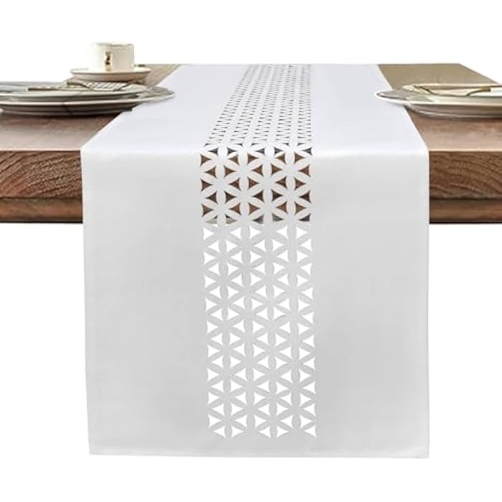 Runner de masa alb din in, 183x35cm, lavabil, set decorativ pentru mese