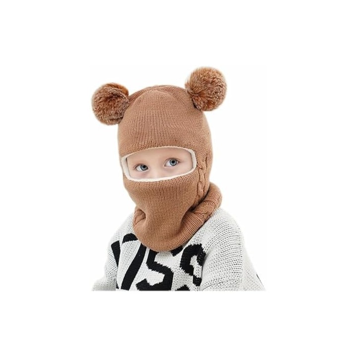 Caciula de iarna calduroasa pentru copii, set cu fular, model cu pompoane, captuseala din fleece, 1-6 ani, multicolor