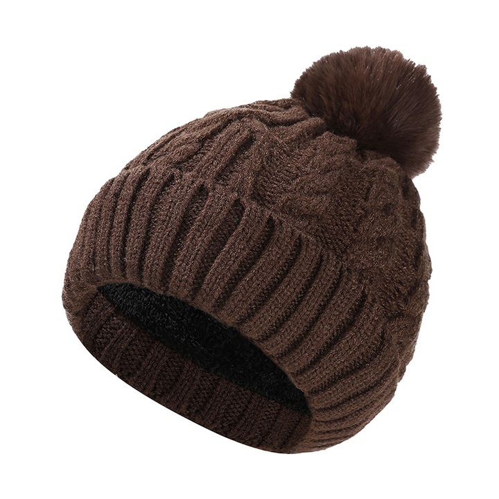 Caciula tricotata groasa, fara bor, cu pompon, roz, 56-58cm