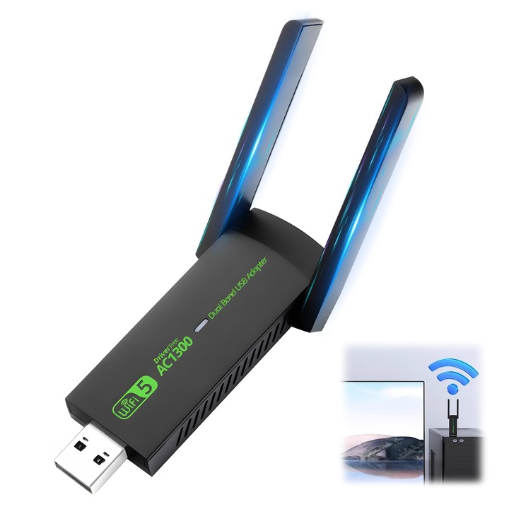 Adaptor Wireless, Dual-Band, 2.4GHz/5GHz, USB 3.0, 1300Mbps, compatibil cu Windows si Mac OS, Plug and Play, Compact, OUYLAF, negru