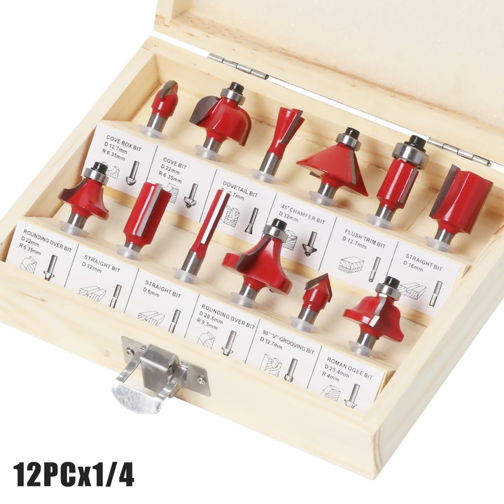 Set de freze 12 piese, 1/4 inch, taiere V, rosu, cu cutie de transport