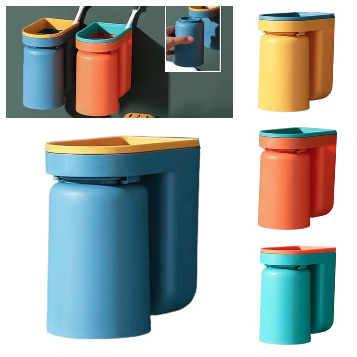 Suport pentru periute de dinti cu cana, montare pe perete, design compact, verde, 12.5x11.5x7cm