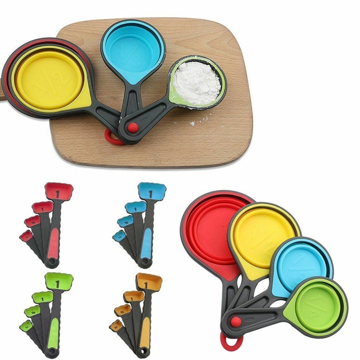 Set ustensile de masurat din silicon, 4 cupe si 4 linguri, multicolor, dimensiuni variate