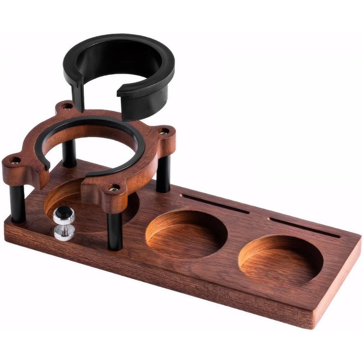 Statie de tampare cafea din lemn masiv, inaltime ajustabila 51-58 mm, suport portabil pentru filtre, cutie de depozitare accesorii cafea