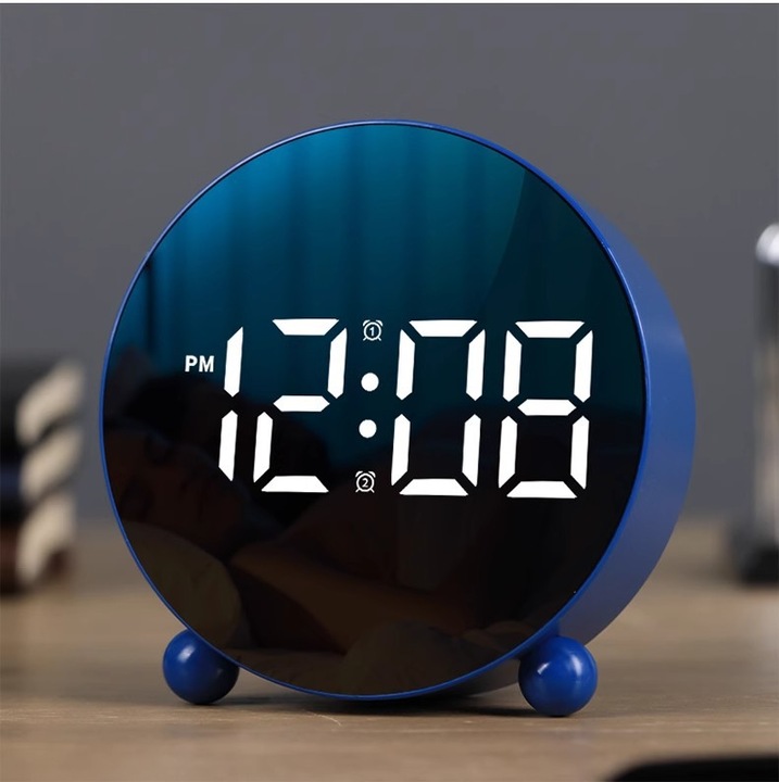 Digitális ébresztőóra, LED kijelző, 3 fényerő szint, kettős tápellátás, kompakt, kék