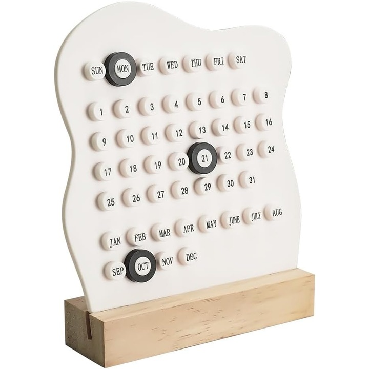 Calendar perpetuu de birou, 5.91x1.57x6.69in, din lemn, cu 3 inele pentru date, decorativ, alb