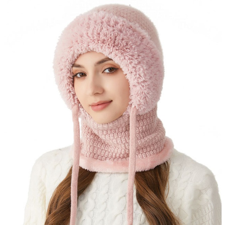 Caciula 3 in 1 pentru femei, roz, cu fular si protectie pentru gat, dimensiune M