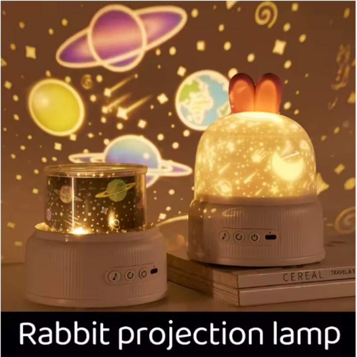Lampa de veghe pentru copii, proiector cu iepuras, 4 niveluri de luminozitate, rotire 360°, muzica integrata, cu telecomanda.