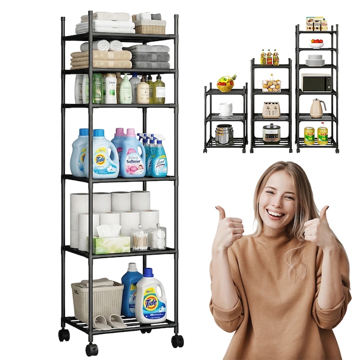 Стелаж за съхранение Juksun, 6 нива, закалена стомана, 150lbs, 40x32x170см, черен, с 4 колела за мобилност