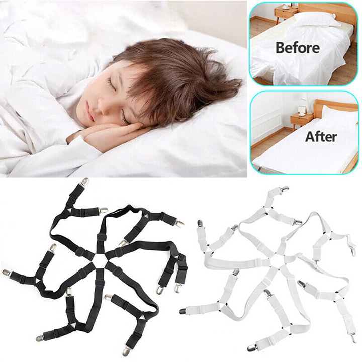 Set 2Pcs Cleme Elastice pentru Foaie de Pat, Fixatoare cu 12 Cleme, Negru, 40-80cm