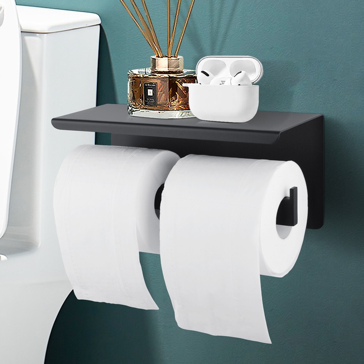 Suport pentru hartie igienica, inox 304, 2 carlige, negru mat, cu raft, set