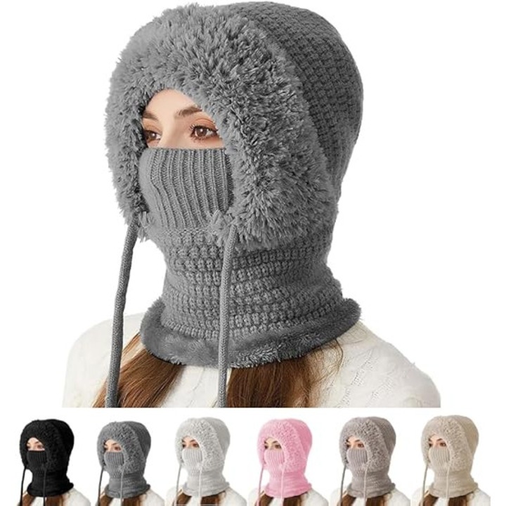 Caciula 3 in 1 pentru femei, M-Gri, caciula calduroasa, fular si protectie pentru gat