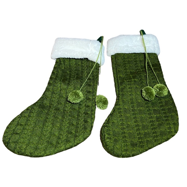 Ciorapi de Craciun set 2 bucati, verde cu pompoane, 17.5 inch
