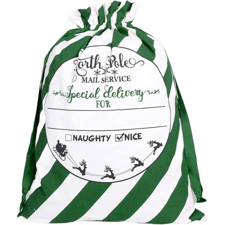 Sac de cadouri personalizabil mare, 3 piese, 19x27in, dungi verzi si albe, pentru Craciun