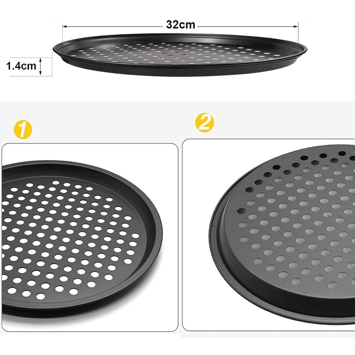 Set 2 Tavi Copt Pizza, Carbon Steel, 32x32x1.4cm, Gri, Non-aderente