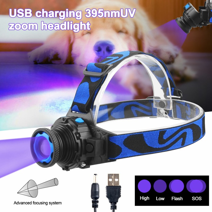 Lanterna LED UV 395nm reincarcabila, zoomabila, neagra, 4 moduri de iluminare, 38x50mm